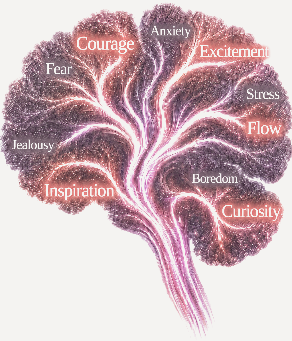 A brain drawn as a glowing fractal tree, its regions labelled with emotional states: Fear, Anxiety, Stress, Boredom, Jealousy shown muted, and Courage, Excitement, Flow, Curiosity, Inspiration shown lit.